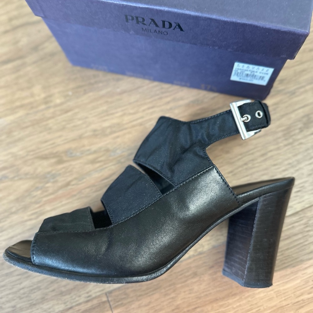 AUTHENTIC Prada Black Leather and Nylon Block Heel Sandals